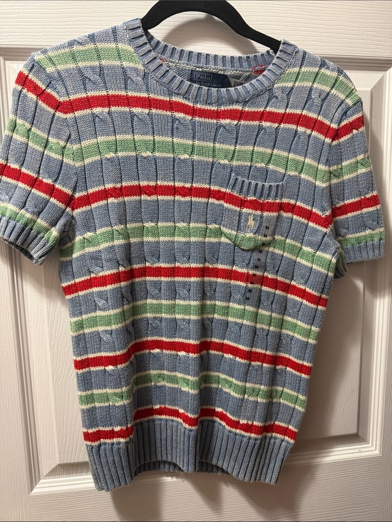 Ralph Lauren Sweaters - Ralph Lauren Short-Sleeve Striped Knit Sweater in Light Blue, Red, Green